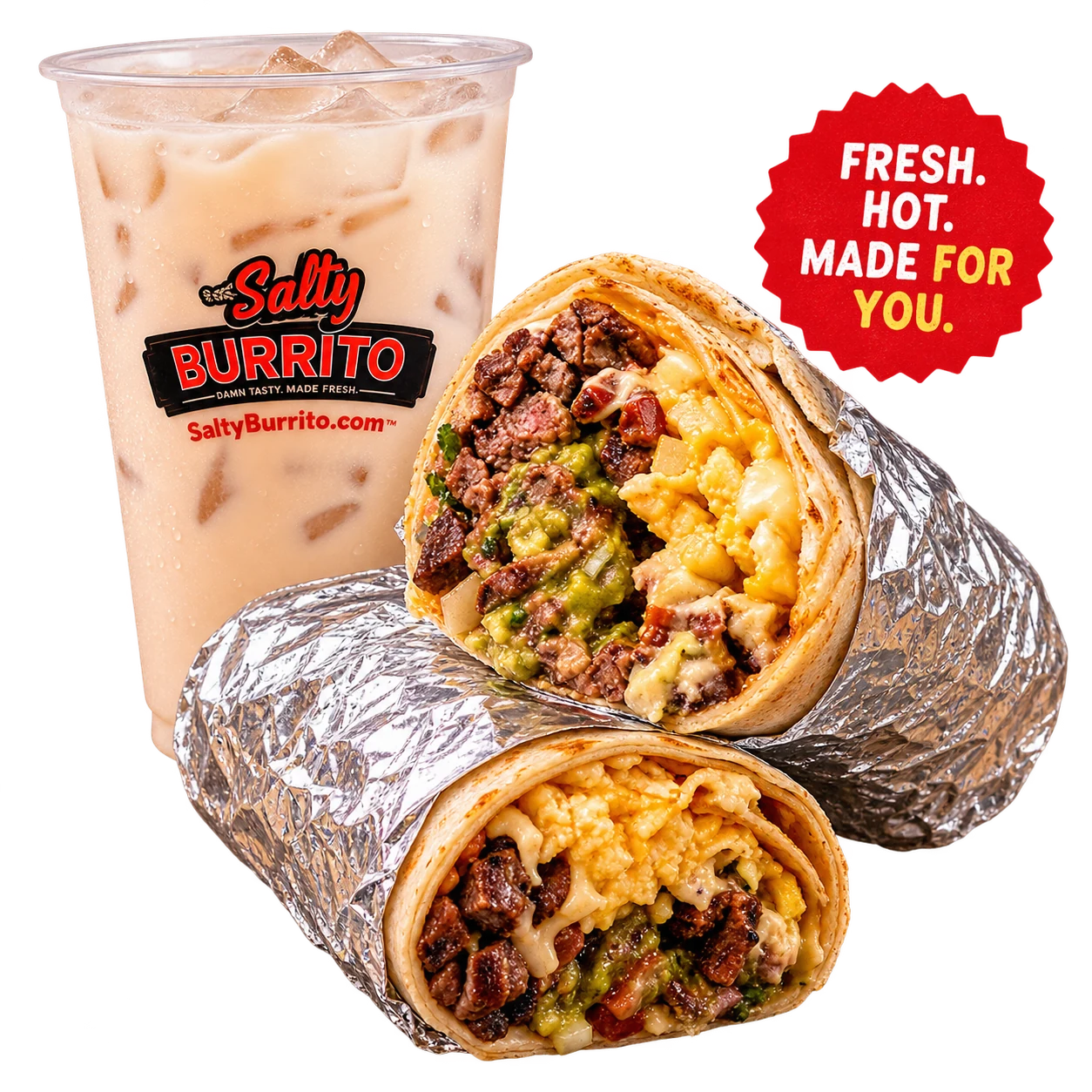 Two freshly made Salty Burrito burritos with an iced drink