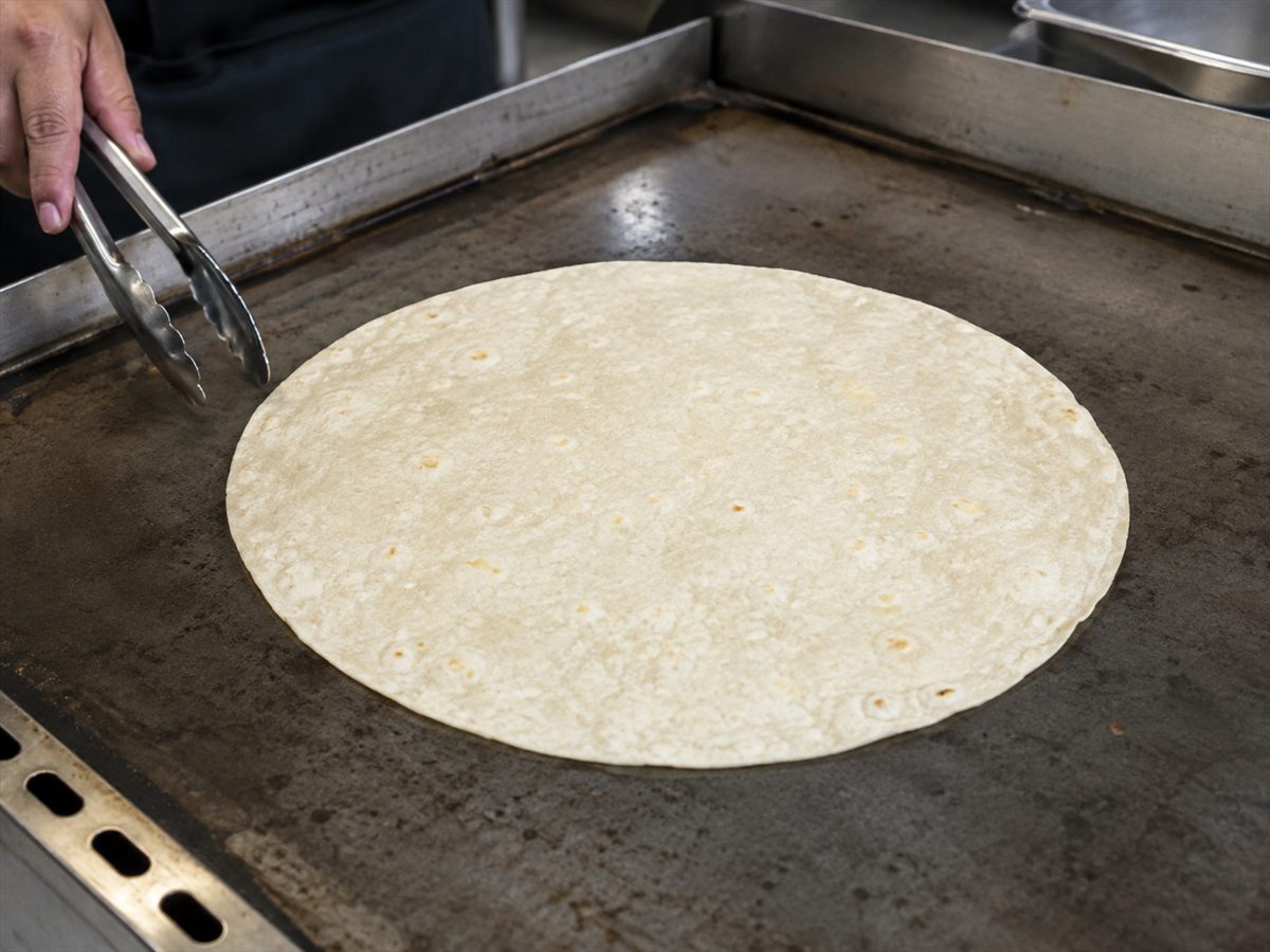 A flour tortilla warming on the restaurant plancha