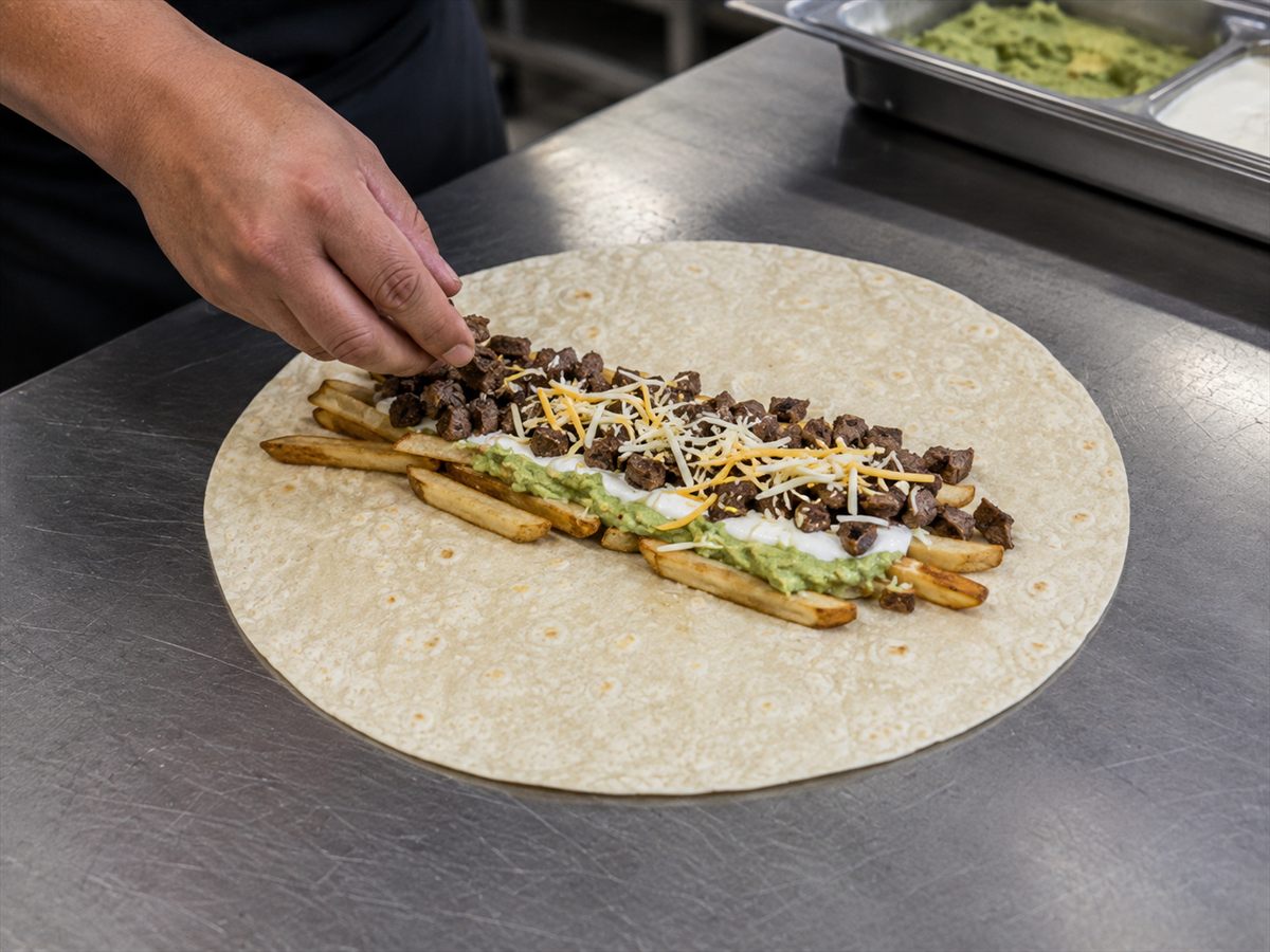 Carne asada, fries, cheese and guacamole being added to a tortilla