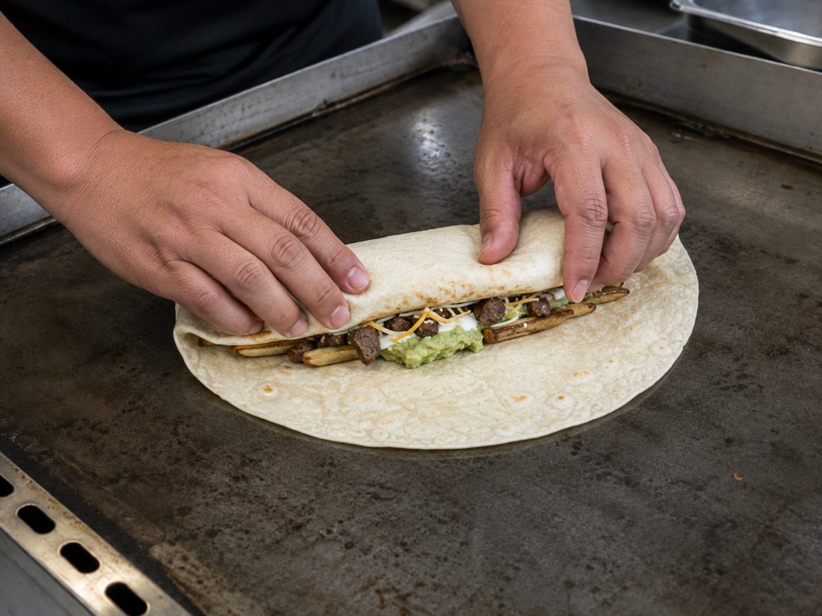 A cook folding the filled California burrito on the plancha